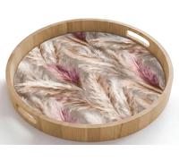 OnlyWow© Plateau De Table Rond 50x50 cm Plateaux Service Repas Bois Decoratif Dejeuner Antidérapant Cafe Deco Chene Avec Poignée Déjeuner Herbe la pampa - Duveteuse - Colorée