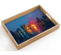 OnlyWow© Plateau Rectangulaire 40x30 cm Plateaux Service Repas Bois Decoratif Table Résistant Aux Rayures Cafe Chene Avec Poignée Déjeuner Skyline - Coups de pinceau - Bleu foncé - Lumineux