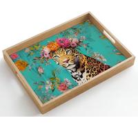 OnlyWow© Plateau Rectangulaire 50x35 cm Plateaux Service Repas Bois Decoratif Table Résistant Aux Rayures Cafe Chene Avec Poignée Déjeuner Léopard - Fleurs - Couronne