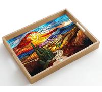 OnlyWow© Plateau Repas Bois Rectangulaire 50x35 cm Plateaux Service Table Dejeuner Cafe Résistant à La Chaleur Chene Poignée Déjeuner Mosaïque - Soleil - Paysage - Village