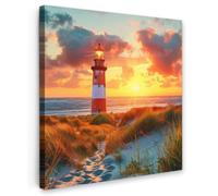 OnlyWow© Poster De Jardin 100x100 cm Original Mur Tableau Decoration Murale Balcon Peinture Tableaux Terrasse Impression Art Mural Deco Décoratif Muraux Phare - Coucher de Soleil - Dunes - Horizon
