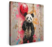OnlyWow© Toile Extérieur 100x100 cm Original Mur Tableau Decoration Murale Peinture Tableaux Impression Art Mural Deco Décoratif Muraux Graffiti - Panda - Ballon - Street Art - Banksy