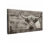 OnlyWow© Toile Extérieur 200x100 cm Original Mur Tableau Decoration Murale Peinture Tableaux Impression Art Mural Deco Décoratif Muraux Highlander écossais - Noir - Blanc - Bois