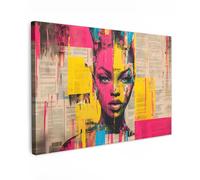 OnlyWow© Toile Extérieur 60x40 cm Original Mur Tableau Decoration Murale Peinture Tableaux Impression Art Mural Deco Décoratif Muraux Visage de Femme - Papier Journal - Abstrait - Rose