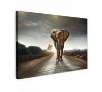 OnlyWow© Toile Extérieur 60x40 cm Original Mur Tableau Decoration Murale Peinture Tableaux Impression Art Mural Deco Décoratif Muraux Éléphant - Route - Animaux - Coucher de Soleil - Paysage