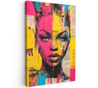OnlyWow© Toile Extérieur 60x90 cm Original Mur Tableau Decoration Murale Peinture Tableaux Impression Art Mural Deco Décoratif Muraux Visage de Femme - Papier Journal - Abstrait - Rose