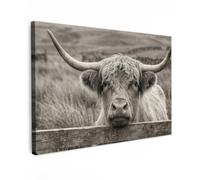 OnlyWow© Toile Extérieur 90x60 cm Original Mur Tableau Decoration Murale Peinture Tableaux Impression Art Mural Deco Décoratif Muraux Highlander écossais - Noir - Blanc - Bois