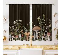 oolygoo Petits Rideaux de Cuisine Vintage à Motif Champignon et Feuilles botaniques pour Salle de Bain, Salle à Manger, buanderie, 69,8 x 99,1 cm, Noir