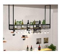 OOPDNEGAK Support Suspendu pour Verres À Vin - Étagère De Plafond, Présentoir À Vin, Étagère De Rangement Murale, Porte-Bouteilles en Fer Forgé, Étagères Flottantes en Bois