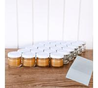 OOPS TOYS Lot de 24 mini pots en verre 30 ml avec couvercle blanc - Pots à confiture avec couvercle à visser - Mini pots de conserve avec étiquettes - Petits pots, pots à confiture (Blanc, 24 pièces)