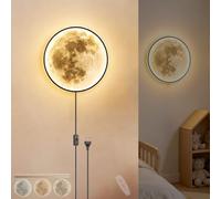 OOWOKS Applique Murale en Forme de Lune pour Chambre denfant avec Interrupteur et Prise Applique LED dintérieur pour Enfants Intensité Réglable avec Télécommande Lampe de Chevet Ronde Murale,24cm
