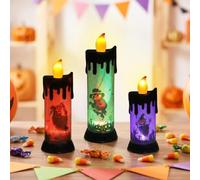 OOWOKS Bougies décoratives dHalloween lot de 3 Bougies dHalloween lumières colorées fonctionnant à piles LED clignotantes lumière sans flamme Lampe décorative dHalloween pour décoration de table