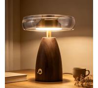 OOWOKS Lampe de table vintage en bois avec interrupteur et câble lampe de bureau LED en forme de champignon 3 températures de couleur lampe de chevet rétro lampe de bureau avec abatjour en verre