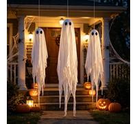 Opatiny Lot de 3 fantômes lumineux à suspendre pour Halloween, LED, 1,5 m/1,2 m, blanc