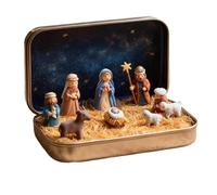 Opdestn Miniature Christmas Nativity Set in A Tin Box, Handcrafted Pocket Nativity Scene Gift Tin, Carry The Story of Christmas with Resin Holy Family Sheep and Jesus Figurines, Religious Decoration