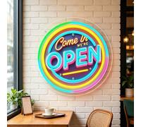 Open Panneau néon LED alimenté par USB avec luminosité réglable Come in We're Open avec chaîne de suspension pour murs d'affaires, boulangerie, KTV (D 33 cm x l 33 cm)