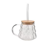 Operitacx Gobelet en Verre Transparent avec Anse, Paille et Couvercle Bois | Café et Cold Brew, Usage Chaud ou Froid, Style Élégant, Forme Sapin, Usage Bureau et Maison