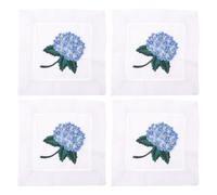 Operitacx Lot de 4 serviettes de cocktail brodées, 15 x 15 cm, ourlet ajouré, blanches, motif hortensia bleu, carrées et fleuries, idéales pour les mariages, les goûters et les cadeaux de Noël.