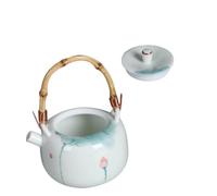 Operitacx Théière à Poignée sous Couleur Motif Fleur de Lotus Peint Main, en Céramique et Bambou, Isolante et Facile à Nettoyer, Maison Bureau