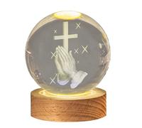 Opilroyn Veilleuse 3D en forme de boule de cristal avec base éclairée - Décoration spirituelle en forme de croix de prière pour bureau, lampe alimentée par USB, sphère décorative avec base en bois