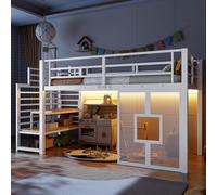 OPODEE 90x200 cm Cadre de Lit Mezzanine Métallique avec Échelle, Lit Enfant | Châssis Métallique Robuste, Échelle Intégrée Avec Rangement, Garde-Corps Sécurisés, Led-kopfteil