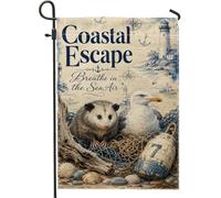 Opossum Drapeau de jardin, phare côtier nautique de mouette côtière bleu d'été double face en toile de jute pour extérieur, porche, pelouse, terrasse, 30,5 x 45,7 cm