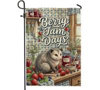 Opossum Drapeau de jardin rustique avec fraises et pots de confiture en toile de jute double face pour extérieur, porche, pelouse, terrasse, 30,5 x 45,7 cm
