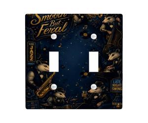 Opossum Plaque de protection pour double interrupteur, style vintage, art jazz, notes de musique, bleu marine, taille standard, décoration pour nouvel appartement, maison, chambre à coucher, bureau