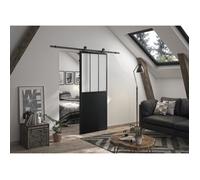 OPTIMUM ATELIER Ensemble porte coulissante noire + rail visible + cache-rail - 204 x 83 cm - verre dépoli