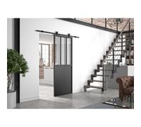 OPTIMUM ATELIER Ensemble porte coulissante noire + rail visible + cache-rail - 204 x 83 cm - verre transparent