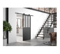 OPTIMUM ATELIER Ensemble porte coulissante noire + rail visible + cache-rail - 204 x 83 cm - verre transparent