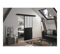 OPTIMUM - Porte coulissante + rail + kit de barres d'atelier - H 204 x L 93 x P 4 cm - Verre dépoli noir