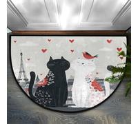 Opuasis Paillasson demi-rond, motif chat noir et blanc Paris | Paillasson d'entrée doux antidérapant pour intérieur, tapis de bienvenue, paillasson semi-circulaire pour la maison