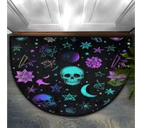 Opuasis Paillasson demi-rond, tête de mort mystérieuse et lune | Paillasson d'entrée doux antidérapant pour intérieur, tapis de bienvenue, paillasson semi-circulaire pour la maison