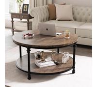 OPULENTHOME Grande Table Basse Ronde en Bois Massif, Table de Salon Vintage Rétro en 2 Niveaux,End Table,Table d'Appoint avec 4 Pieds en Colonne pour Salon, Séjour,Bureau - 72x72x48cm (Brun Clair)