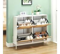 OPULENTHOME Meuble Chaussure 20 Paires, Armoire Chaussures Entree avec 4 Portes, étagères Réglables, avec Kit Anti-basculement, Meuble Chaussure Rotin pour Entrée/Couloir 100 x 24 x 88 cm