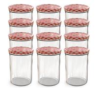 Oputec 12x bocaux 440 ml avec couvercle à vis rouge à carreaux - pots à confiture en verre, bocaux de conservation avec couvercle