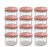 Oputec Lot de 12 bocaux de 230 ml avec couvercle à visser rouge à carreaux - Parfait pour les confitures, les confitures et plus encore, petits bocaux avec couvercle, idéal comme mini pots à confiture