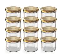 Oputec Lot de 12 bocaux de 230 ml avec couvercles à visser dorés - Parfaits pour les confitures, les confitures et plus encore, petits bocaux avec couvercle, idéal comme mini pots à confiture et