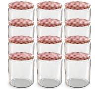 Oputec Lot de 12 bocaux de 405 ml avec couvercle à visser TO 82 rouge à carreaux - Parfait pour les confitures, les confitures et plus encore, grands bocaux avec couvercle, idéal comme pots à