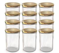Oputec Lot de 12 bocaux de 440 ml avec couvercles à visser dorés TO 82 - Parfaits pour les confitures, les confitures et plus encore, grands bocaux avec couvercle, idéal comme pots à confiture et