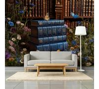 Or Antique Papier Peint Panoramique 450L x 315H cm, Fantaisie Botanique Floral Livre Papillon Affiche Fresque Murale, Bleu Papier Peint 3D Mural pour Salon Chambre d'enfants Salle de Jeu Murale