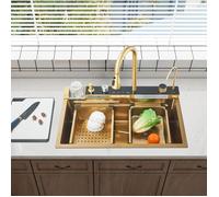 Or brossé Évier Cuisine Cascade inox Professionnel, lavabo Cuisine à Encastre Multifonctionnelr avec Robinet Rétractable 75*45 cm