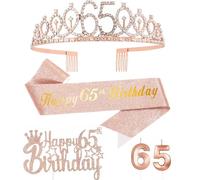 Or Rose 65 Ans Decoration Anniversaire, Inclus 65 ans Echarpe et Couronne Anniversaire,Bougie,Happy Birthday Cake Toppers Decoration Fille Femme