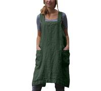 ORANDESIGNE Tablier à Bavette en Lin Robe Mi-Longue Femmes sans Manches Couleur Unie Croisé Licou Tablier Mini Robes Lâche Longue Chemise Débardeurs avec Poches Tabliers B Armée Verte XL