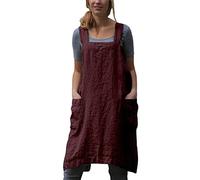 ORANDESIGNE Tablier à Bavette en Lin Robe Mi-Longue Femmes sans Manches Couleur Unie Croisé Licou Tablier Mini Robes Lâche Longue Chemise Débardeurs avec Poches Tabliers B Vin Rouge M