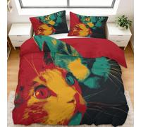 Orange Bleu Housse de Couette Enfant Pop Art Abstrait Animaux Chats Parure de Lit 3 Pièces, Microfibre Confortable, Fermeture Éclair & Attaches d'Angles - Linge de Lit Chic - 90 x 190 cm