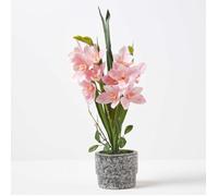 Orchidée artificielle rose en pot foncé en ciment 58 cm