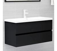Ordellia Armoire d évier avec lavabo encastré Noir en Bois d ingénierie, Vasque en céramique, Meuble Rangement sous Placard avec tiroir et trop Plein pour Salle de Bain Toilette