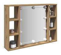 Ordellia Armoire miroir avec lumières LED en chêne Artisan en bois et acrylique 76 x 15 x 55 cm, 6 compartiments, montage mural, espace de rangement pour salle de bain, port USB pour maquillage et